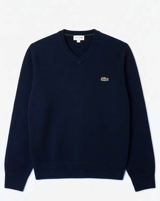 Lacoste Pull En Laine Col "V" Bleu Jean