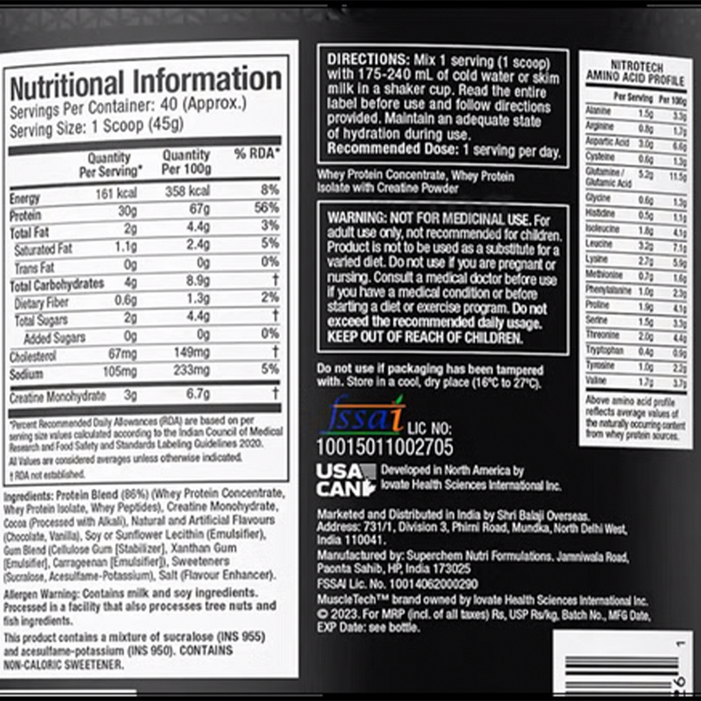 Protéine de lactosérum Nitrotech - Muscletech - 1,8 kg