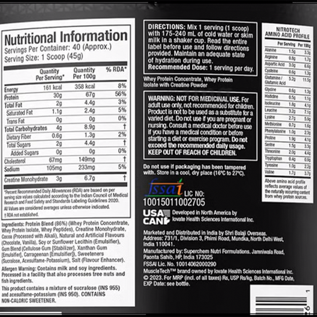 Protéine de lactosérum Nitrotech - Muscletech - 1,8 kg