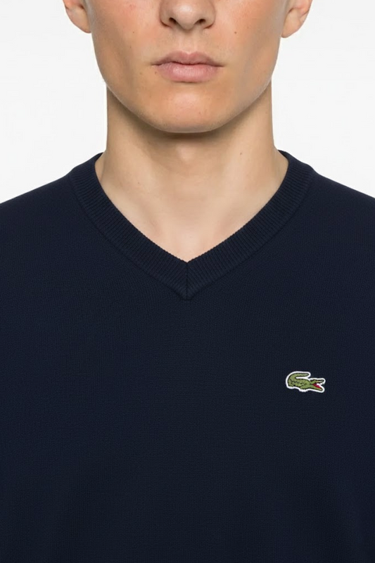 Lacoste Pull En Laine Col "V" Bleu Jean