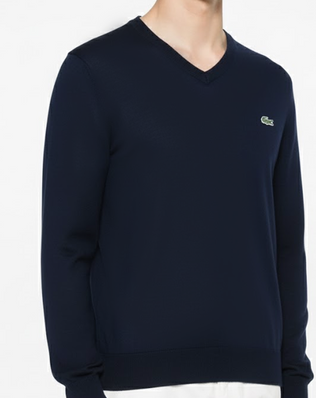 Lacoste Pull En Laine Col "V" Bleu Jean