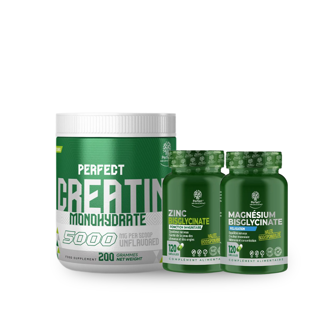 Pack Creatine Monohydrate 200 G + Zinc Bisglycinate 120 Caps + Magnesium Bisglycinate 120 Caps