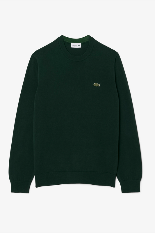 Lacoste Pull coton uni col rond Vert