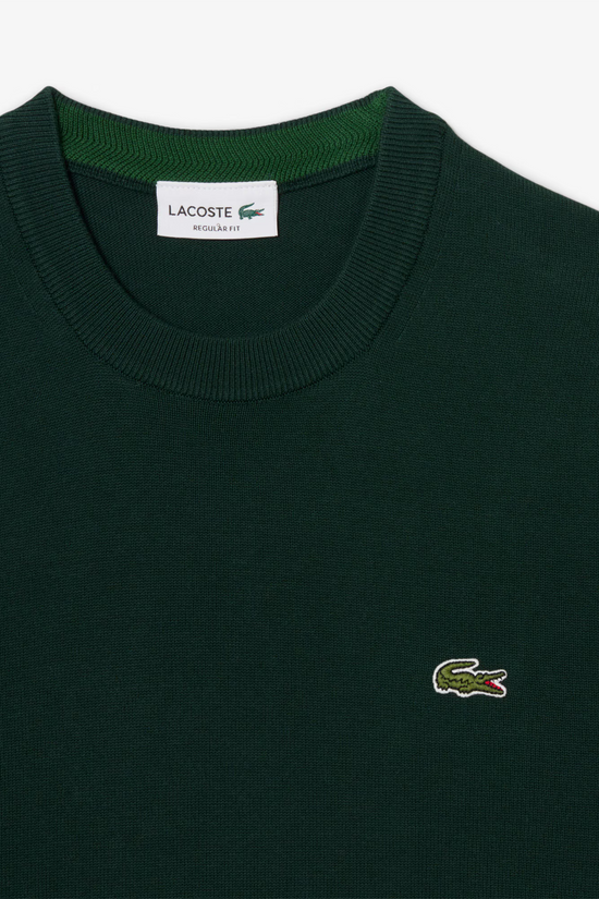 Lacoste Pull coton uni col rond Vert
