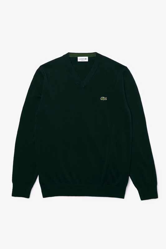 Lacoste Pull Coton Uni Col "V" Vert