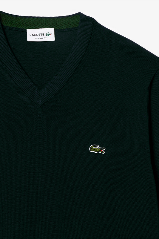 Lacoste Pull Coton Uni Col "V" Vert