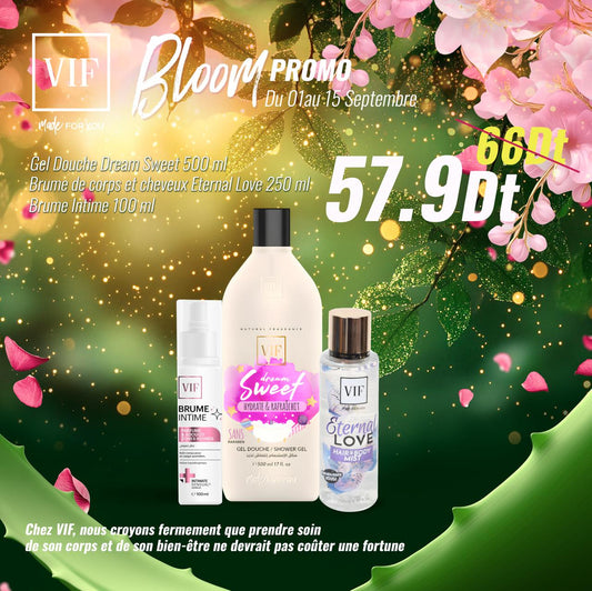 Pack Brume de corps cheveux Eternal love 250ml - Gel douche sweet 500ml - Brume intime 100ml