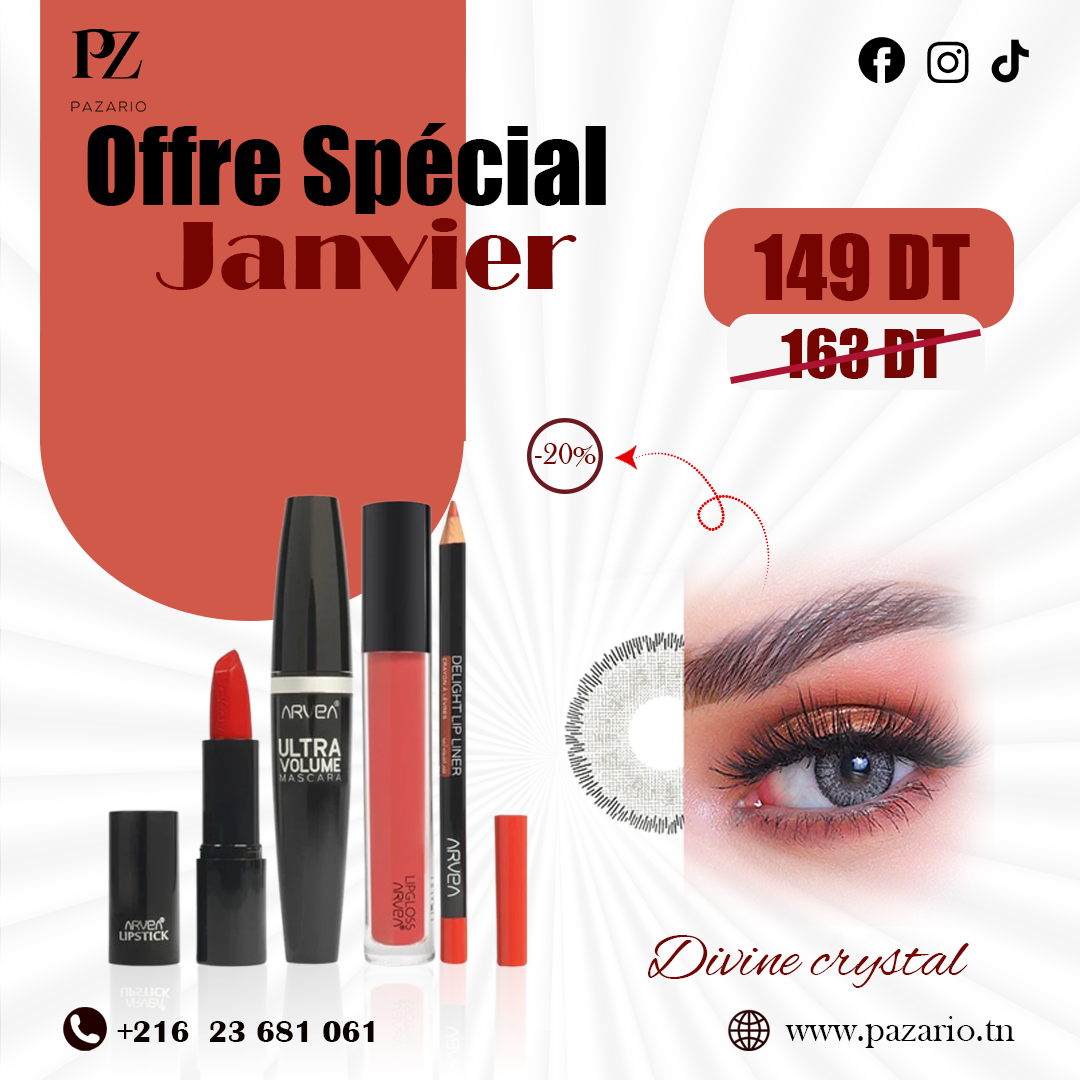PACK ROUGE A LEVRE ARVEA + ULTRA VOLUME MASCARA ARVEA + LIPGLOSS ARVEA +DELIGHT LIP LINER + LENTILLE MANNEQUIN