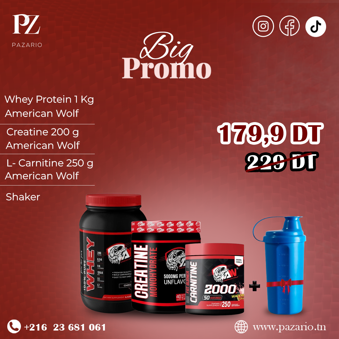 PACK AMERICAN WOLF ( WHEY PROTEIN 1 KG + CREATINE 200 G + CARNITINE 250 G )