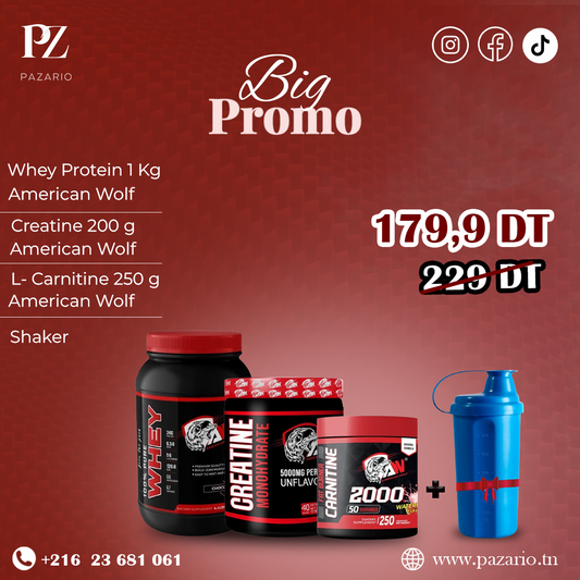 PACK AMERICAN WOLF ( WHEY PROTEIN 1 KG + CREATINE 200 G + CARNITINE 250 G )